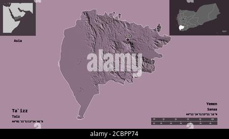 Form von Ta`izz, Gouvernement des Jemen, und seine Hauptstadt. Entfernungsskala, Vorschauen und Beschriftungen. Farbige Höhenkarte. 3D-Rendering Stockfoto